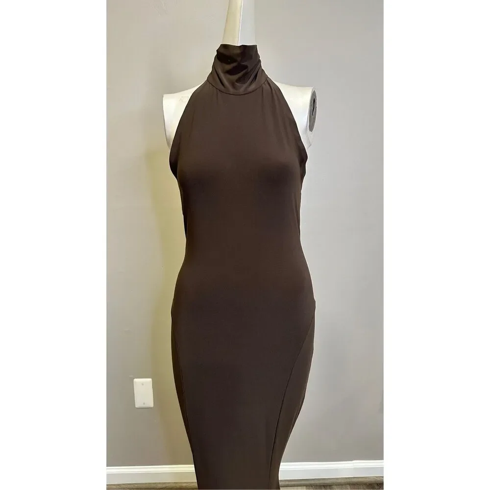 NWT Norma Kamali Halter Turtle Fishtail Gown in Chocolate Size XXS $195 - Picture 4 of 10